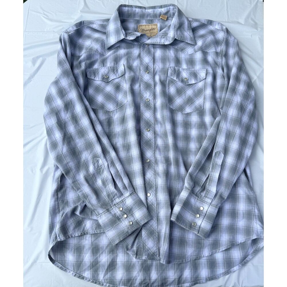 Wrangler Western Shirt Pearl Snap Plaid Long Sleeve Gray XL Tall Cowboy